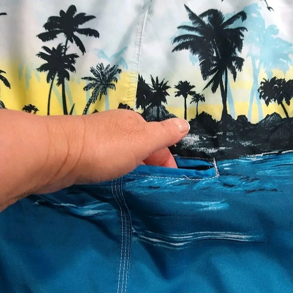 Burnside Swim Trunks Men XXL Blue Tropical Beach‎ Elastic Waist Surfer Lifeguard